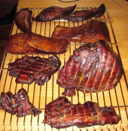 A variety of Smoked Foods. Kangaroo at the back, Salmon in the middle and Pork (now Ham) at the front. 