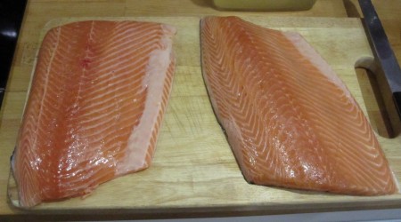 Salmon Fillets ready to be carved up into portions for brining. Each is about 800g