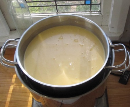 The milk after the Annatto has been added - a nice golden colour.
